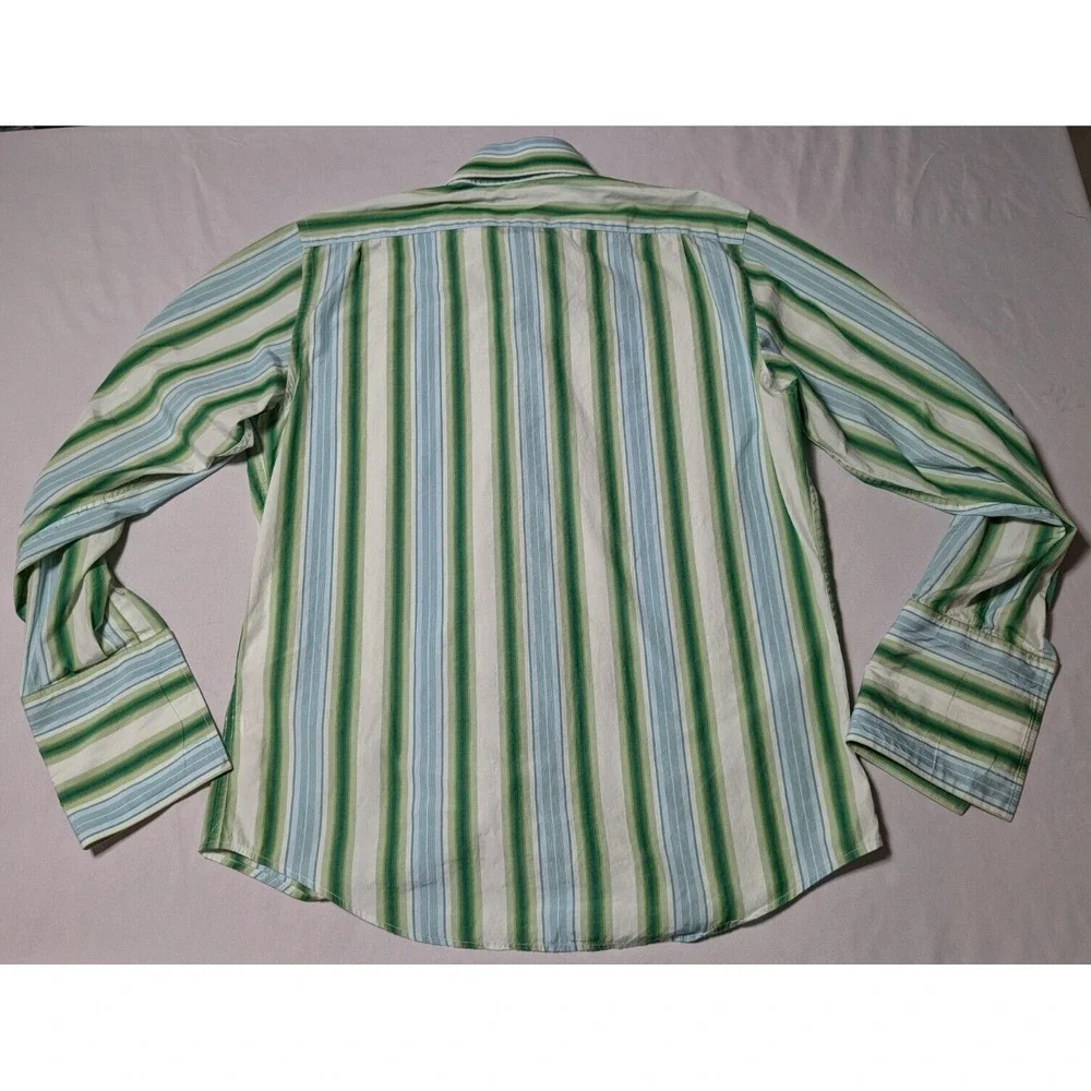 BANANA REPUBLIC Men 16-16.5‎ Large Green Striped French Cuff Cotton Dress Shirt